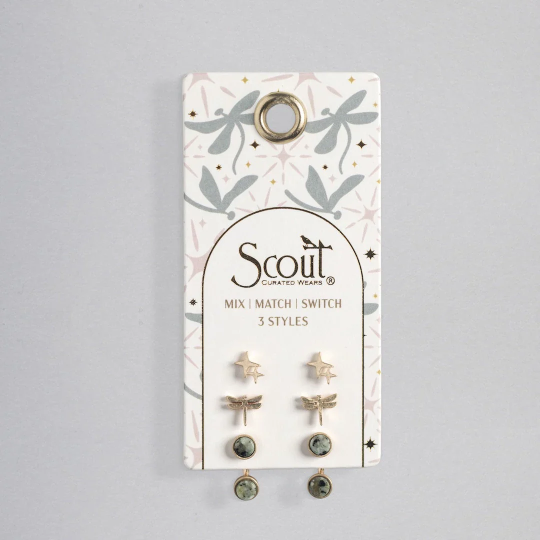Stud Trio Ear Jacket Set - Gold Dragonfly + African Turqoise